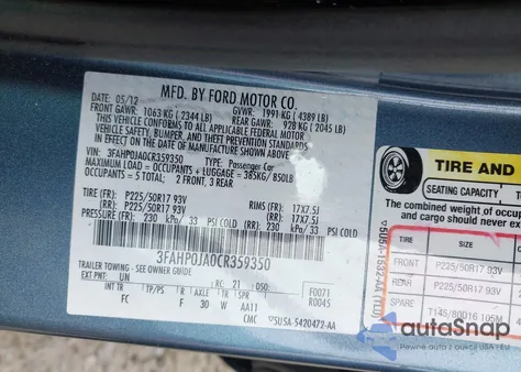 2012 Ford Fusion Sel z USA, uszkodzony, nr VIN 3FAHP0JA0CR359350